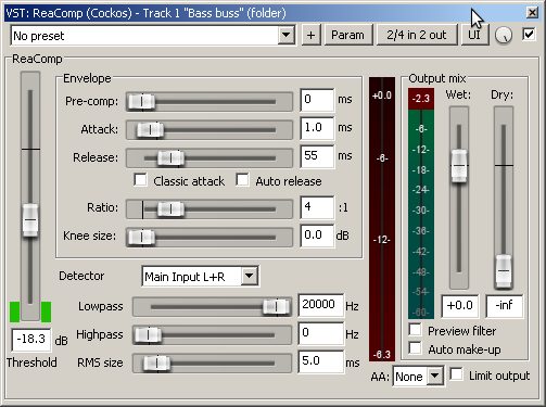 ReaComp settings - 1st compressor to even the bass sound